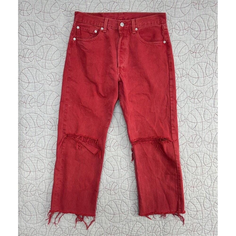 VTG 90s Levi's 501 Jeans Red Distressed Wide Leg Croppped Raw Button Size 30x25